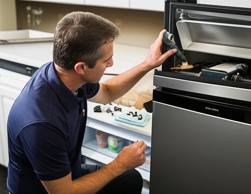 A person in a dark polo shirt crouched at a built-in stainless and black oven column with a drawer pulled open and small parts laid inside