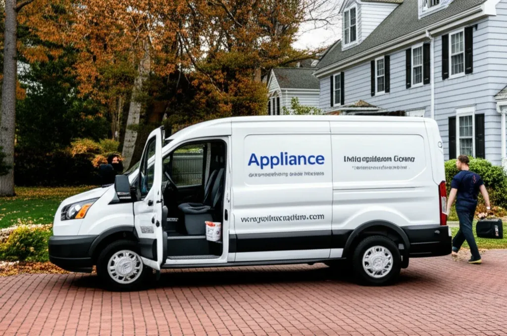 A white service van parked on a brick driveway in front of a clapboard house with autumn trees behind it
