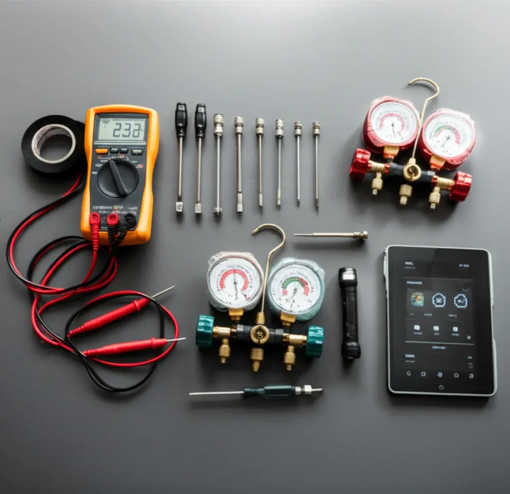 Overhead flat-lay of a digital multimeter, a refrigeration manifold gauge set with red and blue hoses, probe leads, a flashlight and a tablet on a grey bench