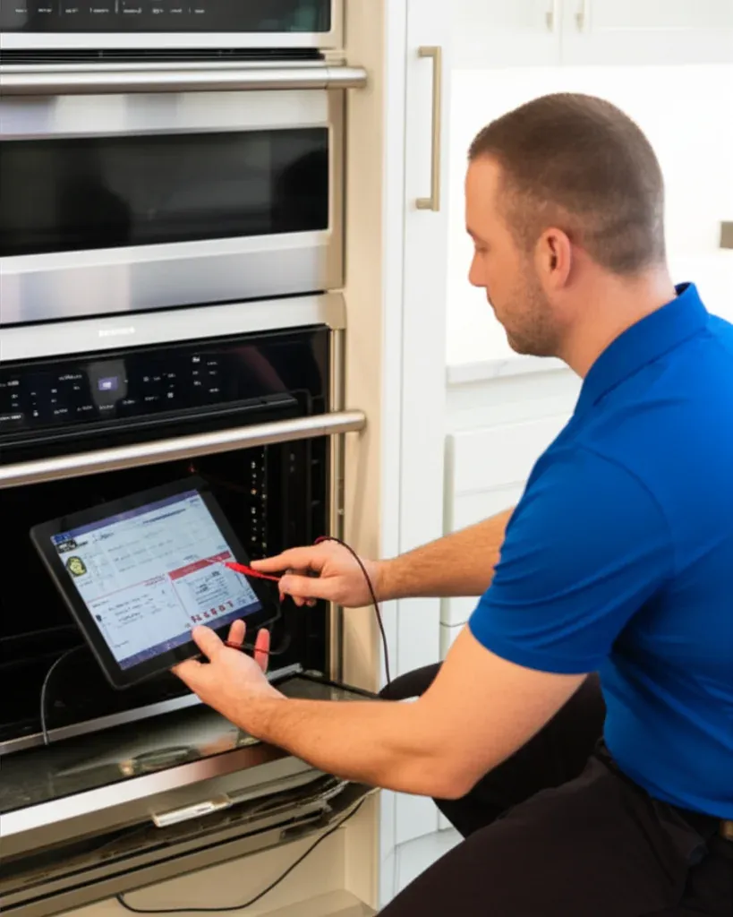 A person in a blue polo holding a tablet against the opened control housing of a built-in wall oven and microwave stack