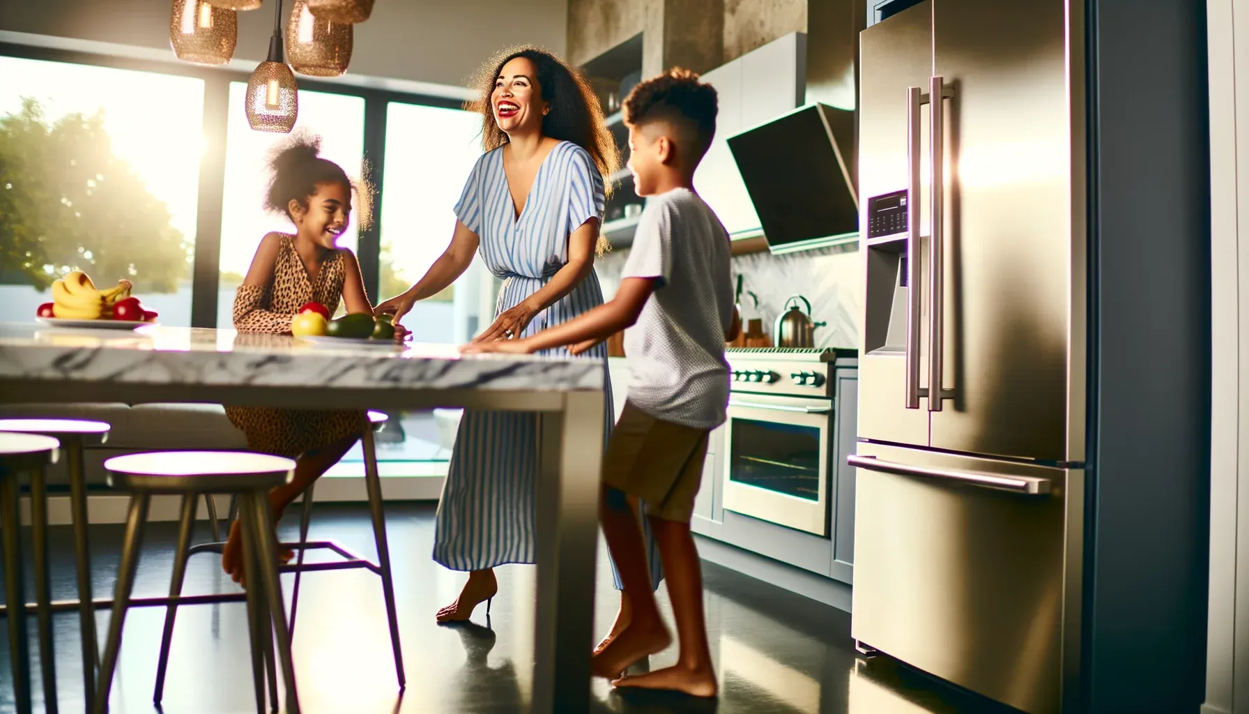 An adult and two children at a kitchen island in morning light, with a stainless french-door refrigerator at the end of the counter