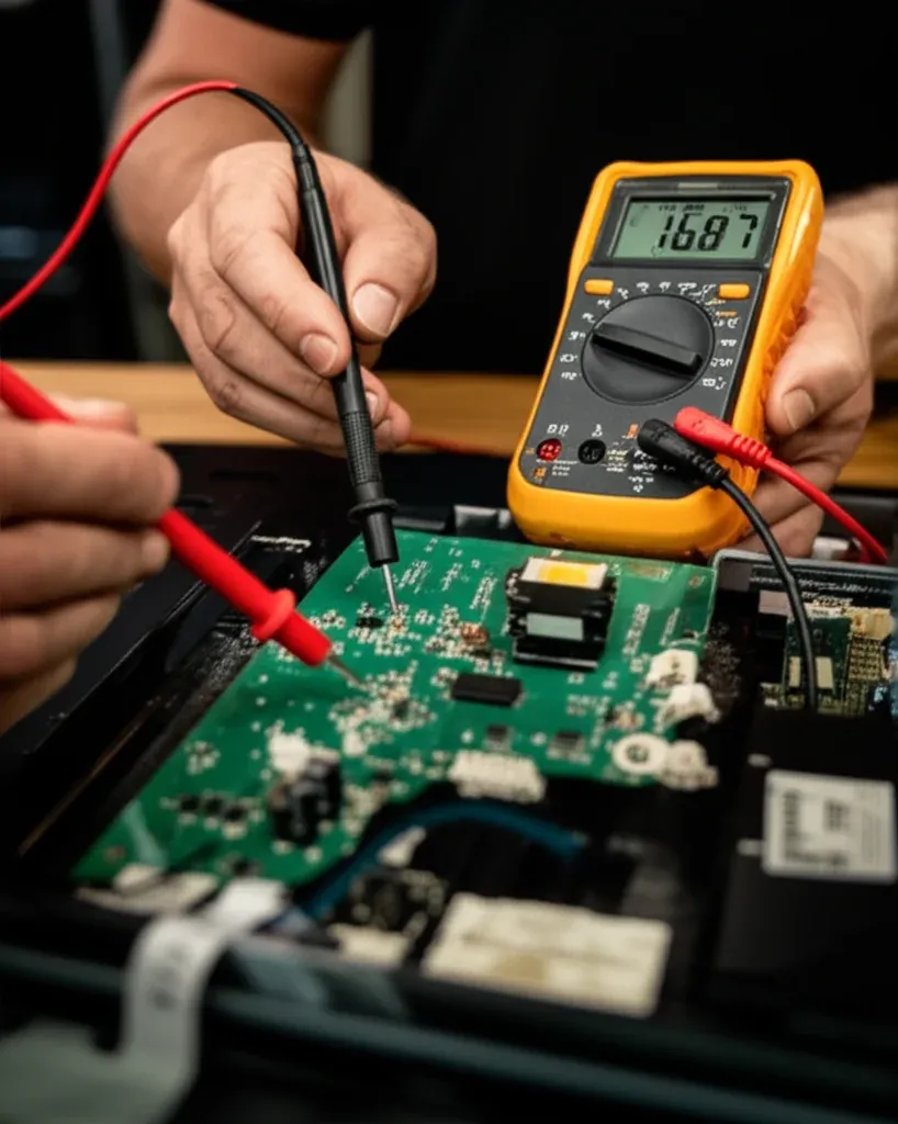 Close view of two hands holding multimeter probes against a green circuit board