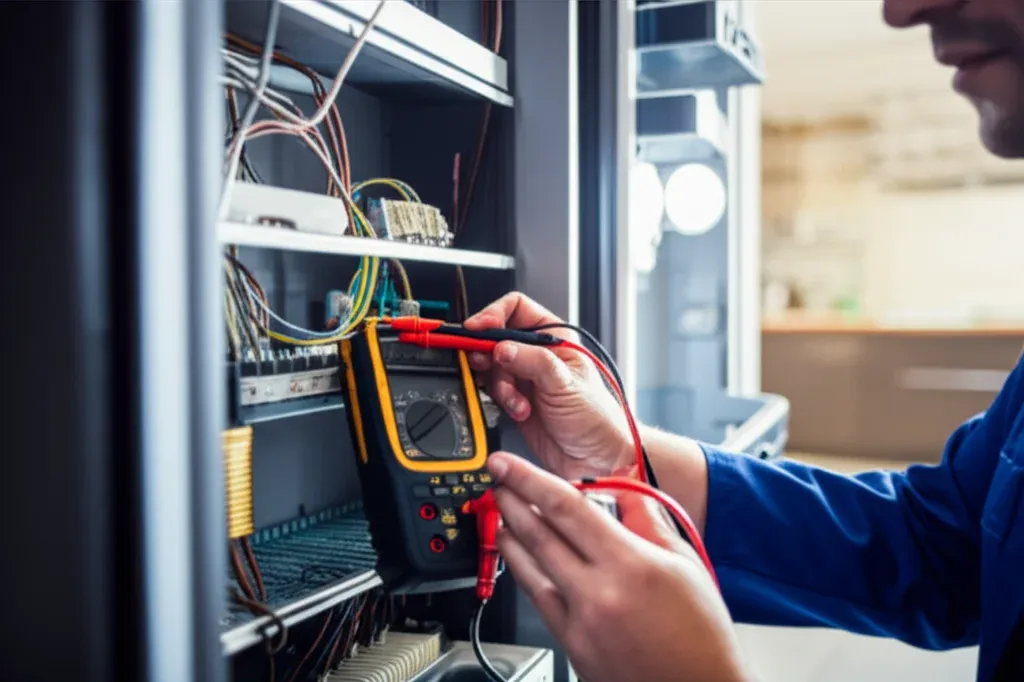 Hands holding multimeter probes inside an opened control compartment packed with coloured wiring