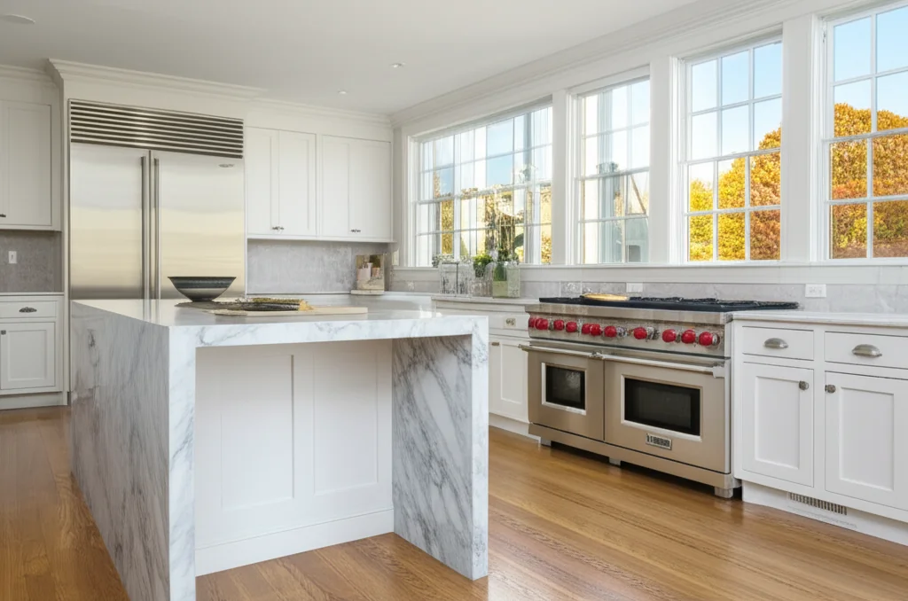 Luxury kitchen with Sub-Zero and Wolf appliances in Newton Massachusetts home